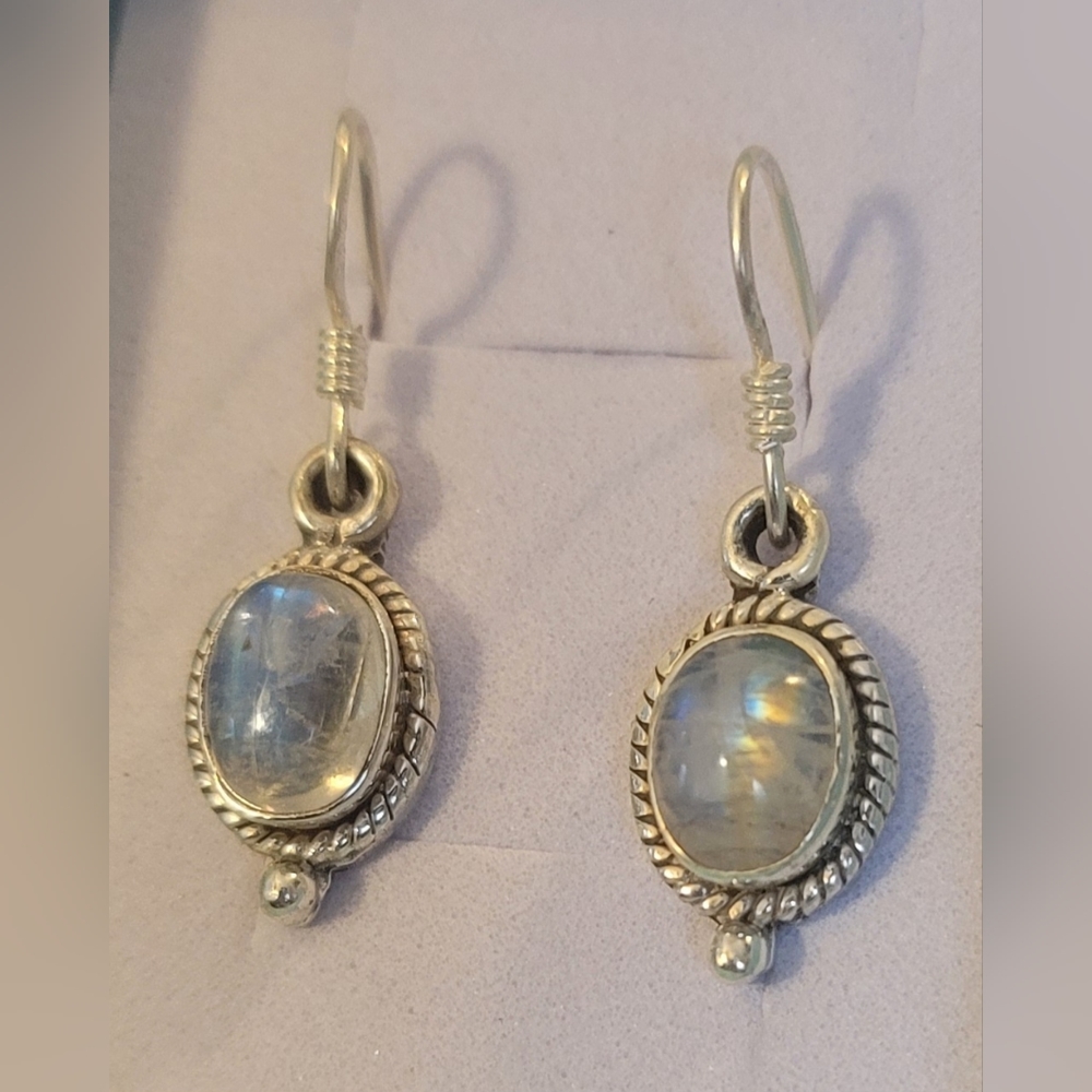 .925 Moonstone Hook Dangle Earrings - image 3